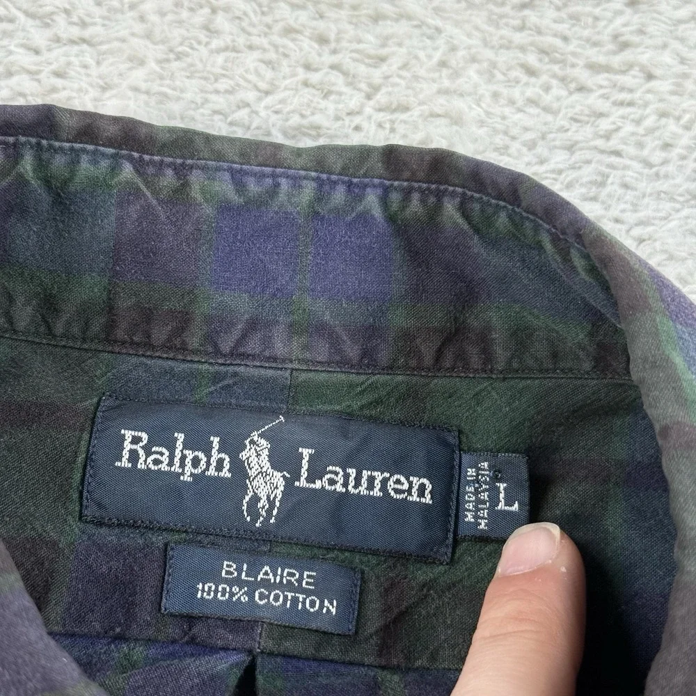 Polo Ralph Lauren Shirt Men Large Blaire Blackwatch Tartan Plaid Blue Green Pony